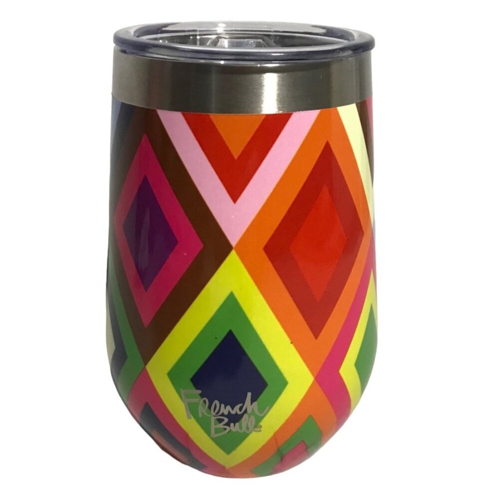 French Bull Wine Tumbler 12oz Insulated With Lid Multicolor Geometric Pattern